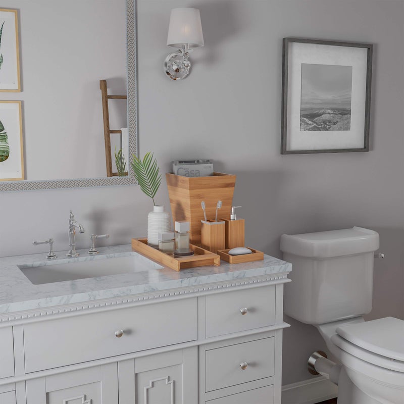 Lavish Home 5-Piece Bathroom Decor Set - Bamboo Vanity Accessories with Trash Bin, Soap Dish, Soap Dispenser, Toothbrush Holder, and Tray by Lavish Home (Natural) - Image 5